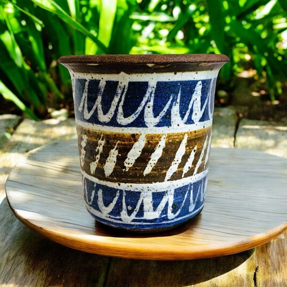 Rare Vintage Pottery Ceramic Planter 5.5” Handmade Brown Blue White Clay Pot